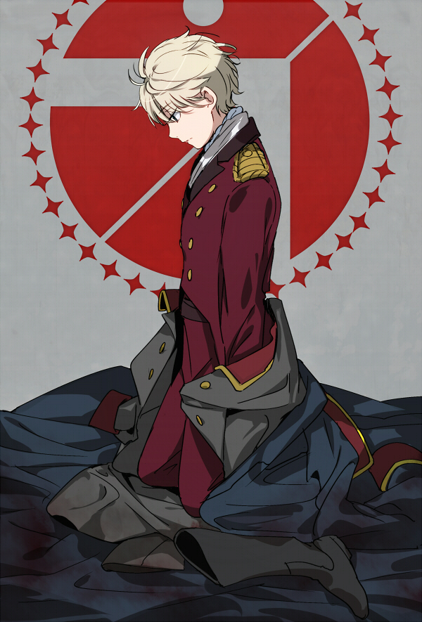 1boy aldnoah.zero alternate_costume blonde_hair blood blood_stain boots_removed coat double-breasted ichinose777 jacket military military_uniform short_hair slaine_troyard solo uniform