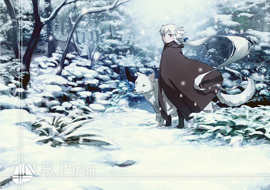 1girl :o benitama cape forest light long_hair looking_at_viewer low_ponytail nature original red_eyes scenery snow snowing solo tree very_long_hair white_hair winter wolf