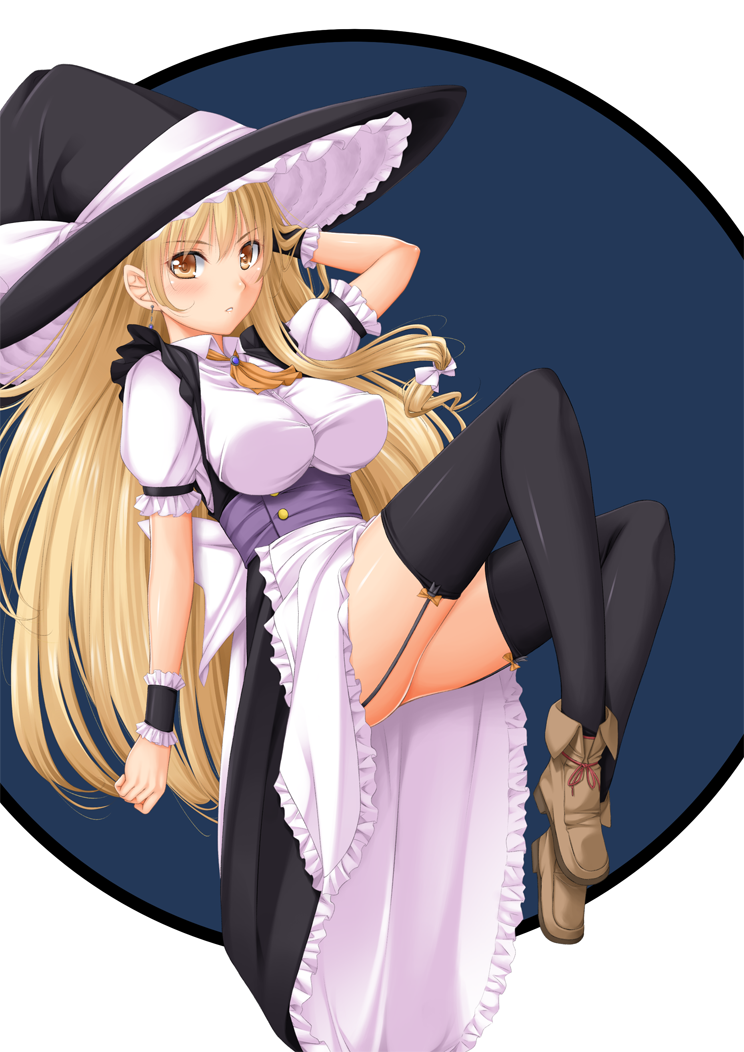 1girl apron arm_behind_head artist_request ascot black_legwear blonde_hair blue_background boots bow breasts brown_boots collared_shirt ear_piercing expressionless female full_body garter_straps hat hat_bow impossible_clothes impossible_shirt kirisame_marisa large_breasts long_hair piercing puffy_short_sleeves puffy_sleeves short_sleeves simple_background solo thigh-highs touhou very_long_hair waist_apron white_background witch_hat yellow_eyes