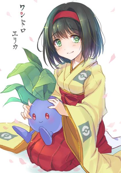 1girl black_hair erika_(pokemon) green_eyes hairband japanese_clothes kimono kneeling oddish pokemon pokemon_(creature) shiori_(xxxsi)