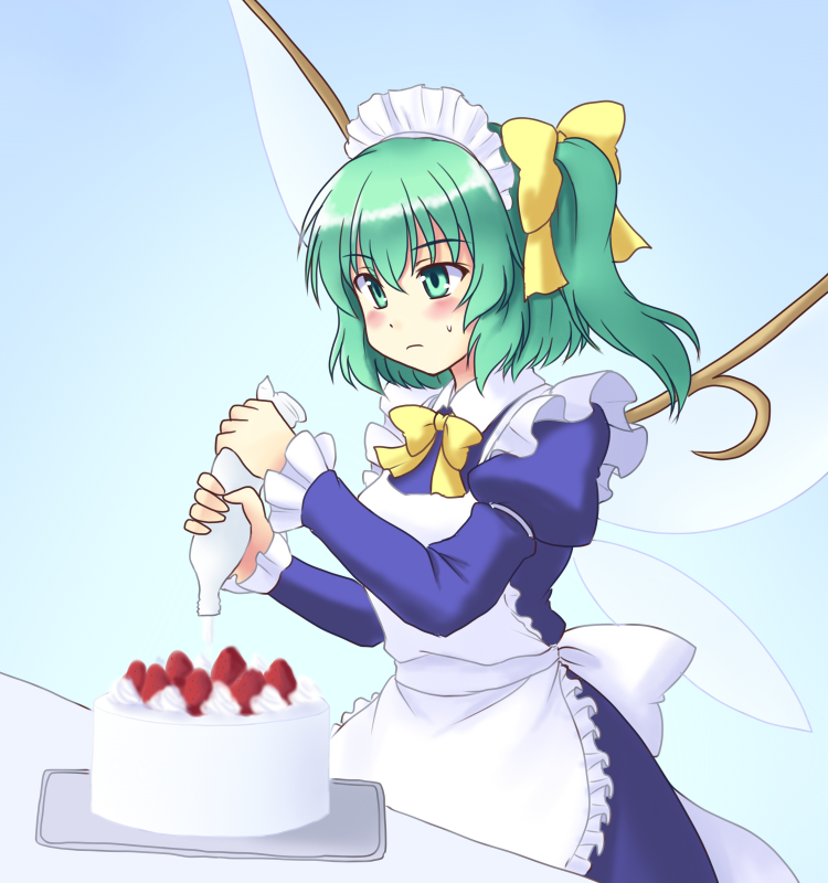 1girl alternate_costume apron blue_dress bow cake daiyousei dress enmaided fairy_wings food gomi_(gomitin) green_eyes green_hair hair_bow juliet_sleeves long_sleeves maid maid_apron maid_headdress puffy_sleeves side_ponytail solo touhou wings