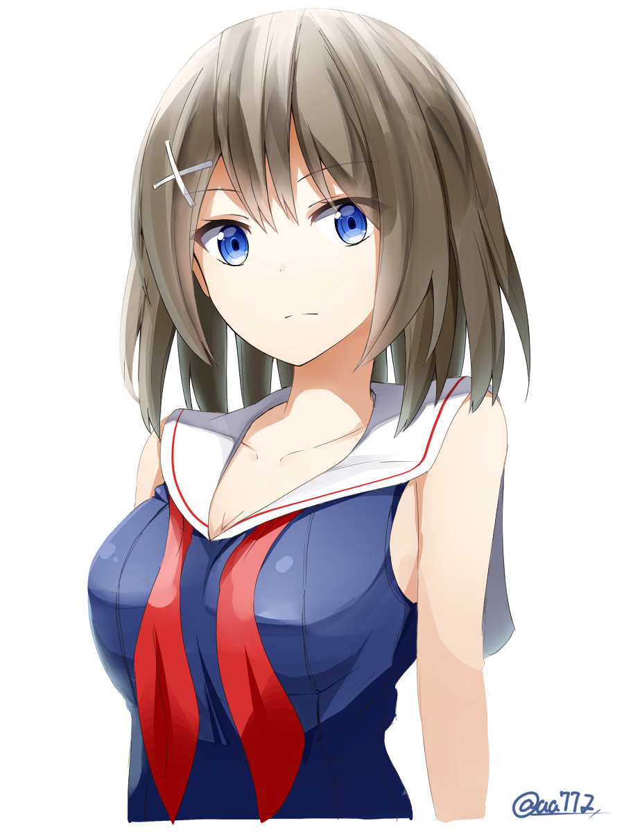 1girl aa_(sin2324) backlighting blue_eyes breasts brown_hair bust collarbone hair_ornament hairclip highres kantai_collection looking_at_viewer maya_(kantai_collection) neckerchief school_uniform serafuku short_hair simple_background sleeveless solo twitter_username untied white_background