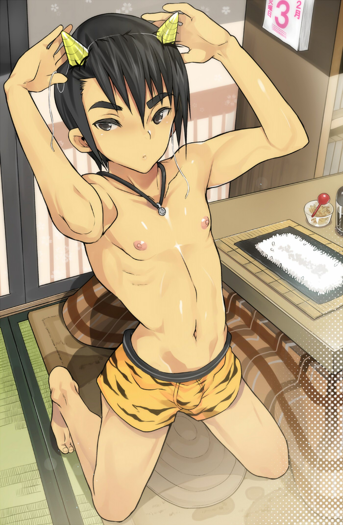 1boy arms_up barefoot black_eyes black_hair bulge calendar_(object) from_above jewelry kneeling kotatsu looking_at_viewer male_focus navel necklace nipples no_pants original rand_(artist) shirtless short_hair solo table underwear underwear_only