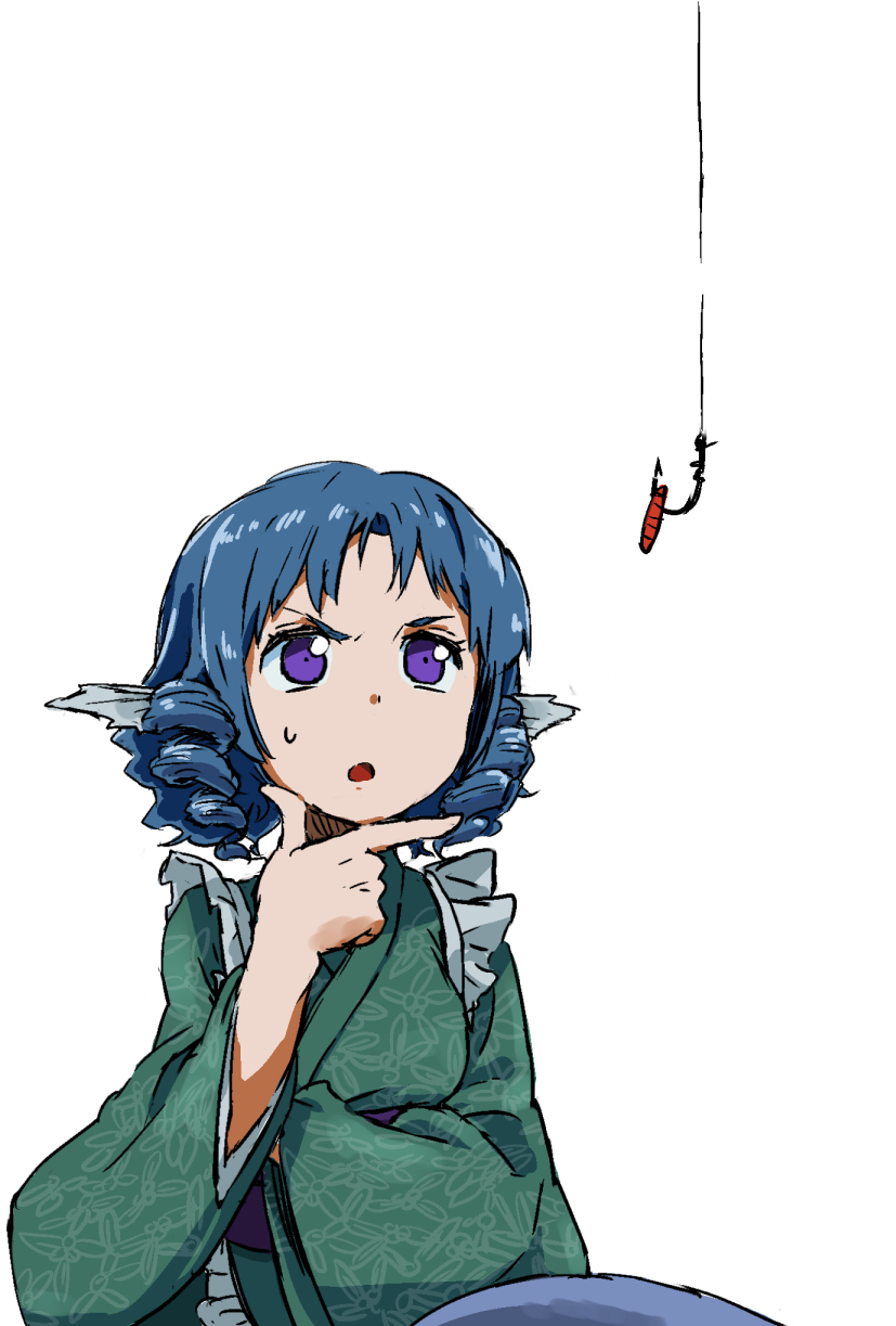 1girl blue_hair bust chin_stroking confused drill_hair finger_to_chin fishing_hook fishing_line frilled_kimono frown head_fins highres japanese_clothes kimono mermaid monster_girl obi open_mouth sash short_hair simple_background solo sweatdrop thinking touhou vanilla_(nekomist) violet_eyes wakasagihime white_background