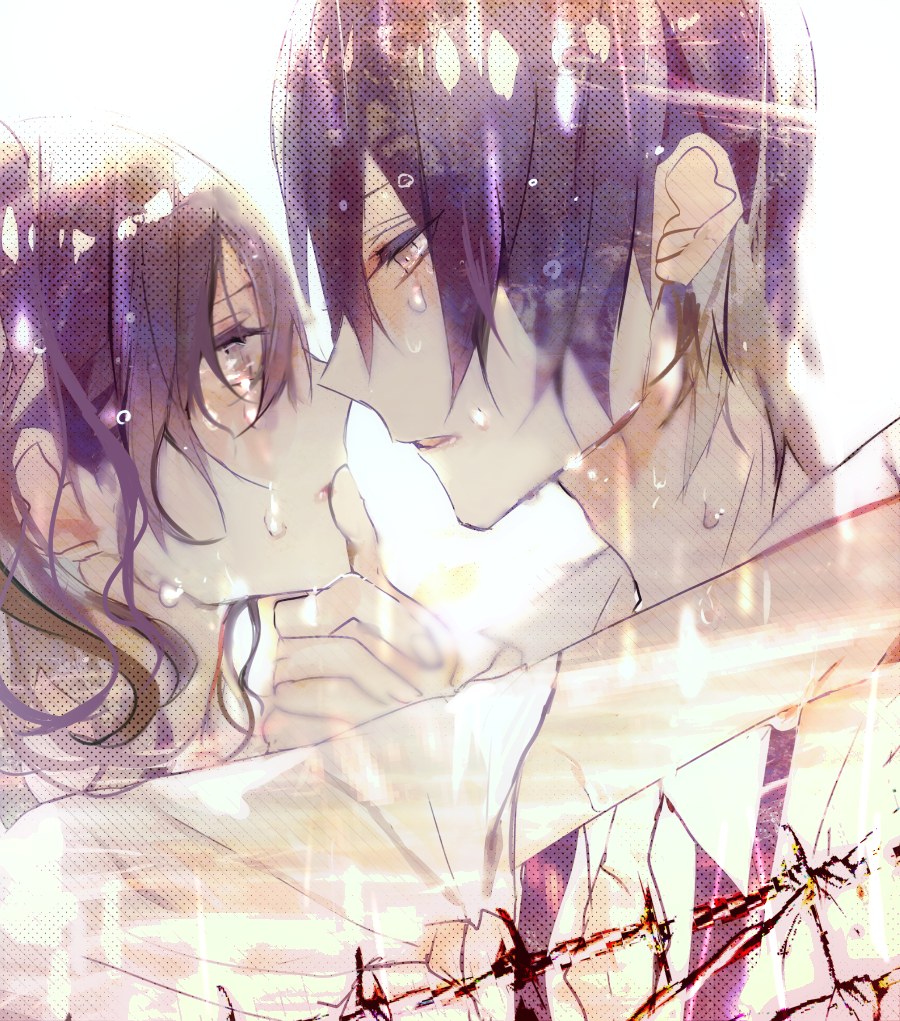 1boy 1girl bangs black_hair brown_eyes collared_shirt commentary crying crying_with_eyes_open dress_shirt eye_contact hair_between_eyes light looking_at_another necktie original poni_(rito) shiny shiny_hair shirt short_hair tears untied wet wet_clothes wet_hair white_background white_shirt