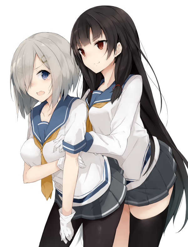 2girls akiha_(attract) black_hair gloves hair_ornament hairclip hamakaze_(kantai_collection) isokaze_(kantai_collection) kantai_collection long_hair multiple_girls pantyhose red_eyes school_uniform serafuku short_hair silver_hair skirt thigh-highs zettai_ryouiki