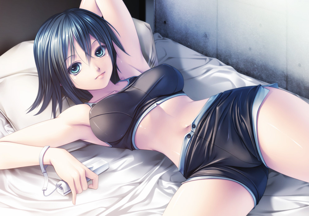 1girl armpits bare_shoulders bed blue_eyes blue_hair breasts controller game_controller lying midriff navel original pillow rezi short_hair shorts solo sports_bra tagme wii_remote wrist_straps