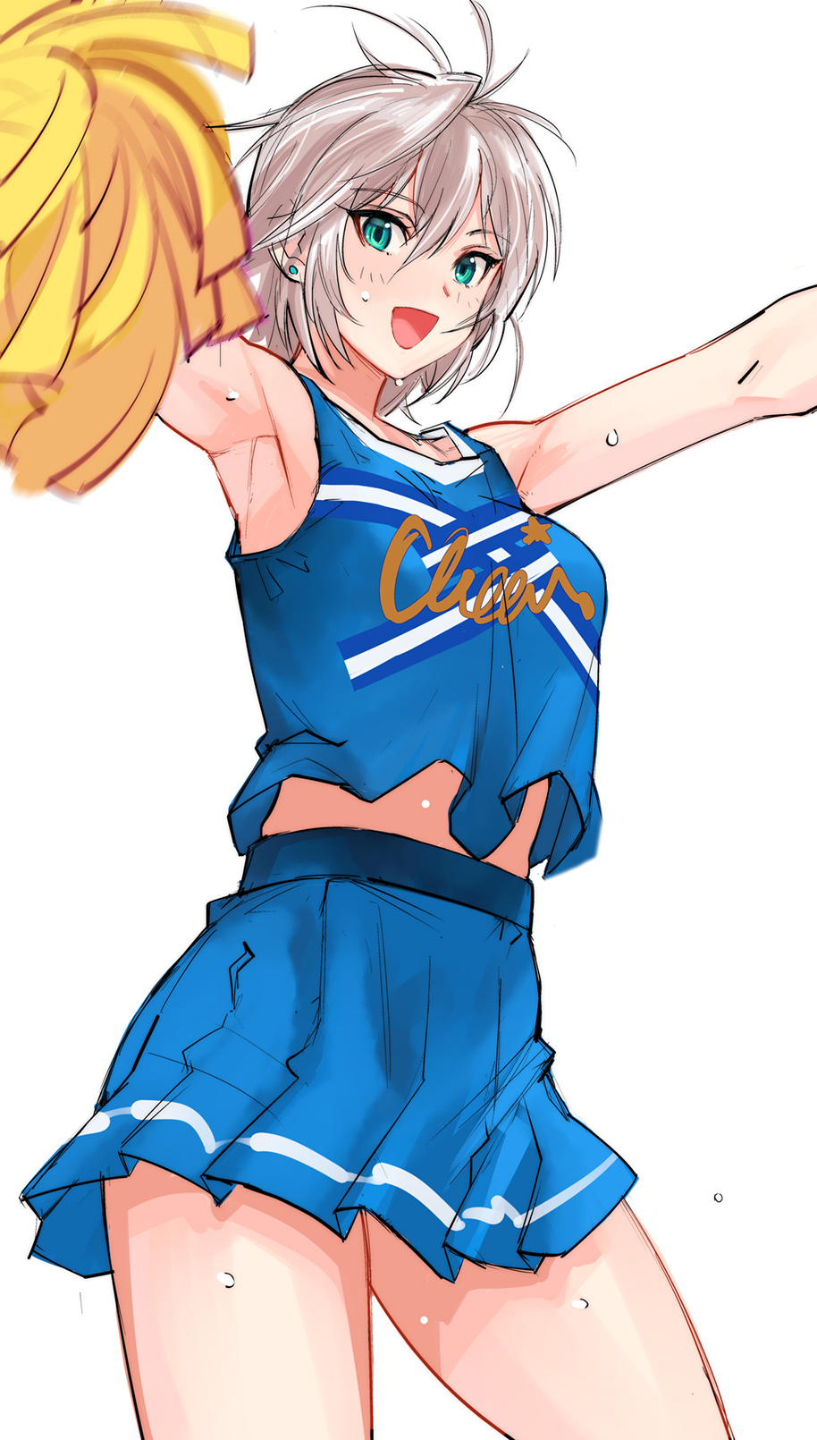 1girl anastasia_(idolmaster) armpits bare_shoulders blue_eyes blush cheerleader earrings highres idolmaster idolmaster_cinderella_girls jewelry kimuchi looking_at_viewer midriff navel open_mouth pom_poms short_hair silver_hair skirt smile solo sweat