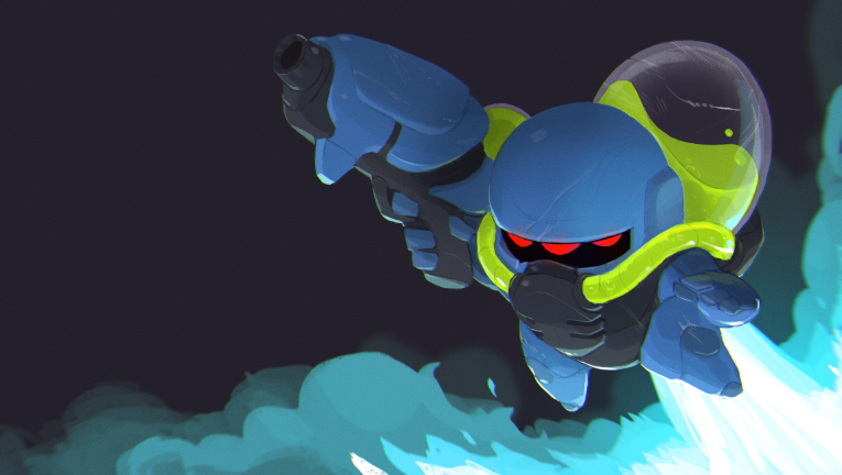1boy armor extra_eyes flying gloves gun helmet jetpack justin_chan lil'_hunter male_focus negative_space nuclear_throne official_art red_eyes revision smoke solo weapon