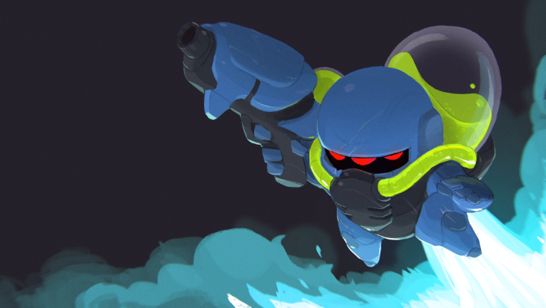 1boy armor extra_eyes flying gloves gun helmet jetpack justin_chan lil'_hunter male_focus negative_space nuclear_throne official_art red_eyes smoke solo weapon