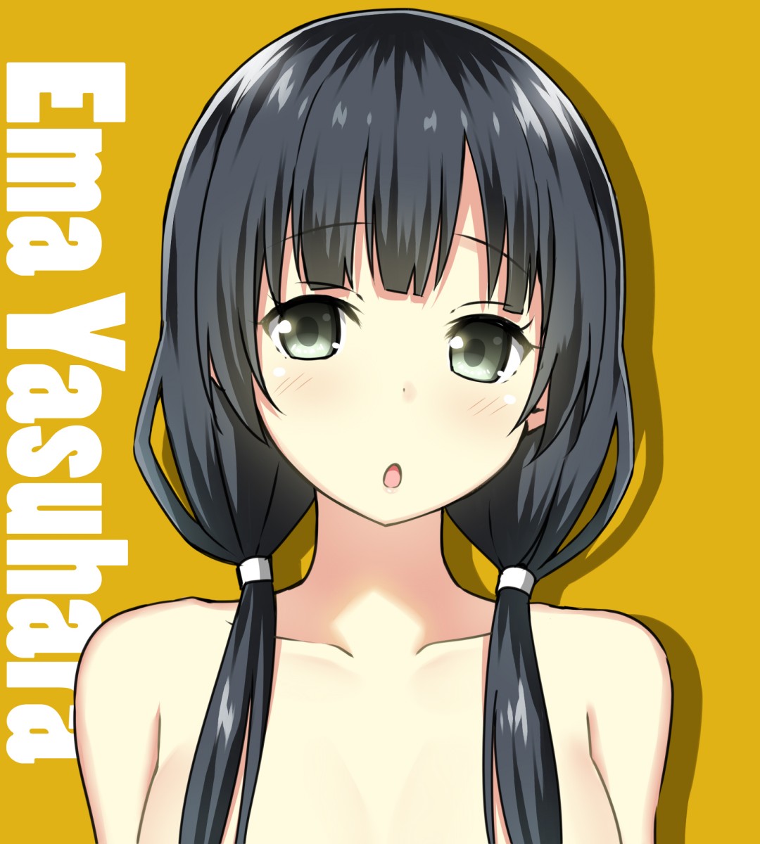 1girl black_hair character_name green_eyes highres long_hair low_twintails nude open_mouth out-of-frame_censoring shirobako sky_(freedom) solo twintails yasuhara_ema