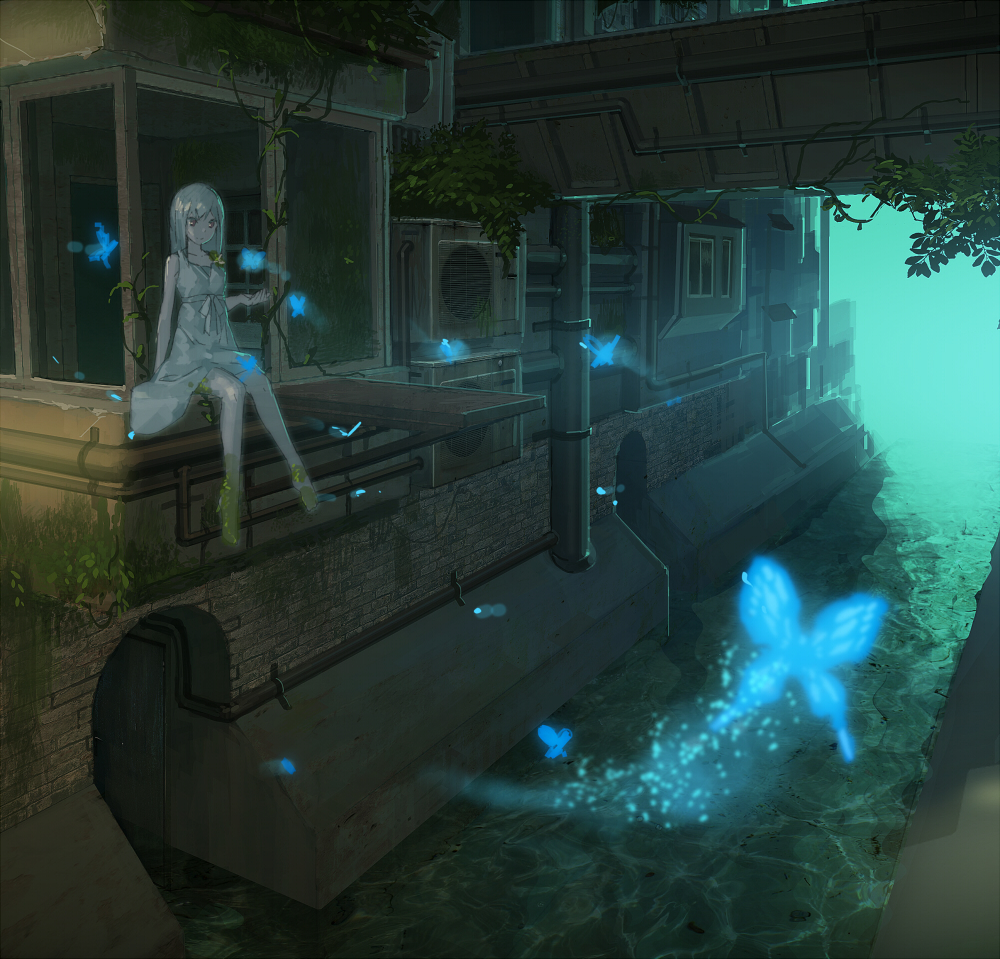 1girl building butterfly dress glowing_butterfly izumi_sai moss original overgrown ruins scenery silver_hair sitting solo vines water white_dress