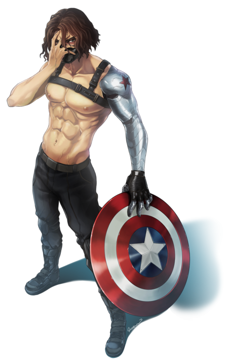 1boy boots brown_hair captain_america_the_winter_soldier chest_belt covering_face cyborg face_mask james_buchanan_barnes marvel mask mechanical_arm muscle shield shirtless shuen solo winter_soldier