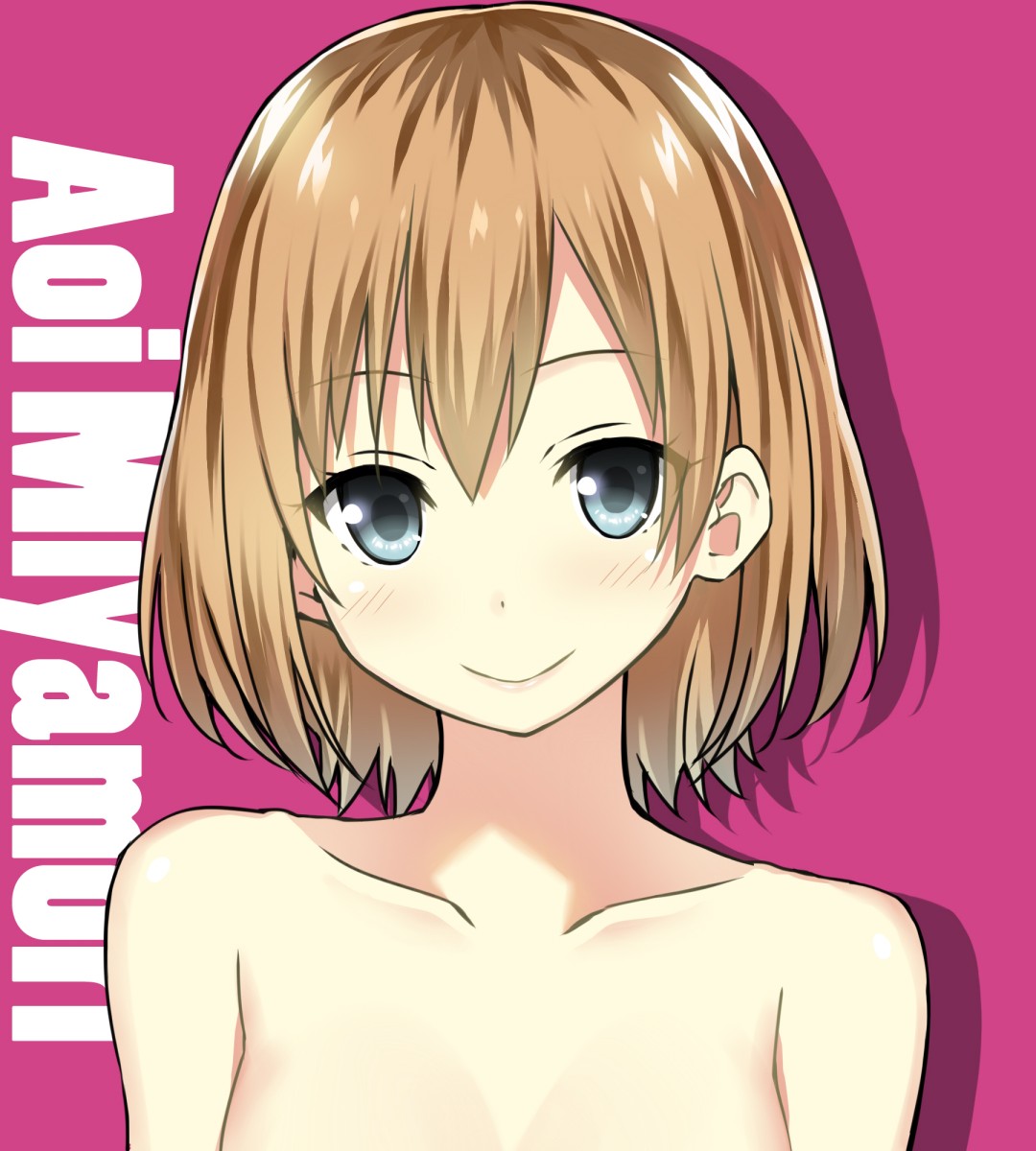 1girl blue_eyes brown_hair character_name highres miyamori_aoi nude out-of-frame_censoring shirobako short_hair sky_(freedom) solo