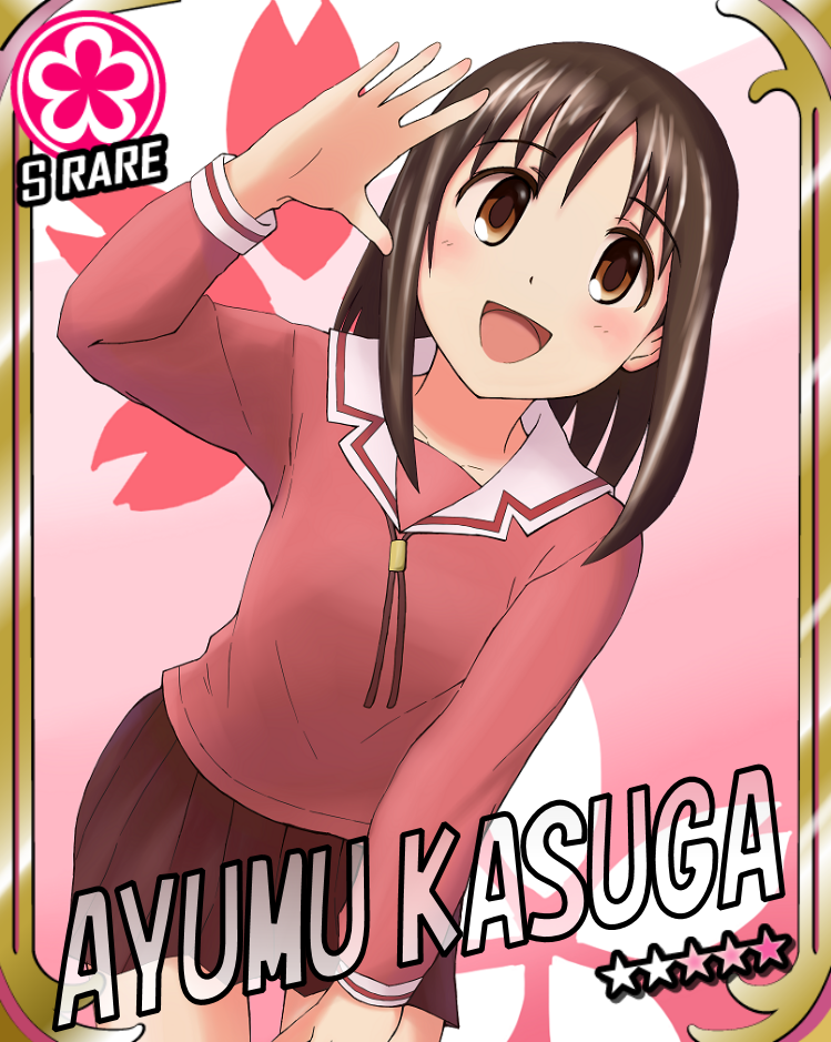 1girl azumanga_daioh blush brown_eyes brown_hair card_(medium) character_name cinderella_girls_card_parody cowboy_shot idolmaster idolmaster_cinderella_girls kasuga_ayumu leaning_forward looking_at_viewer morichan open_mouth parody pleated_skirt school_uniform skirt solo star