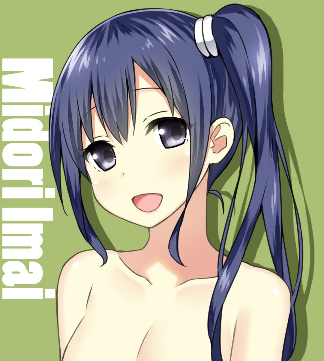1girl black_eyes black_hair breasts character_name cleavage highres imai_midori long_hair nude out-of-frame_censoring shirobako side_ponytail sky_(freedom) solo