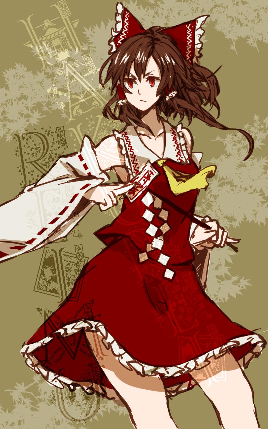 1girl ascot bow brown_hair character_name detached_sleeves gohei hair_bow hair_tubes hakurei_reimu highres long_hair ofuda red_eyes ribbon solo syn touhou