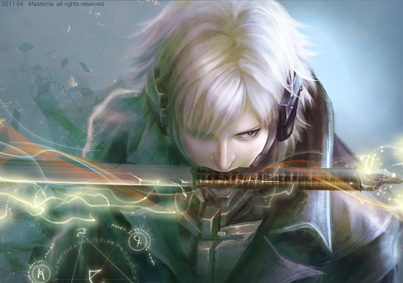 1boy cyborg electricity magic_circle mastema metal_gear_(series) metal_gear_solid_4 mouth_hold raiden solo sword trench_coat weapon white_hair