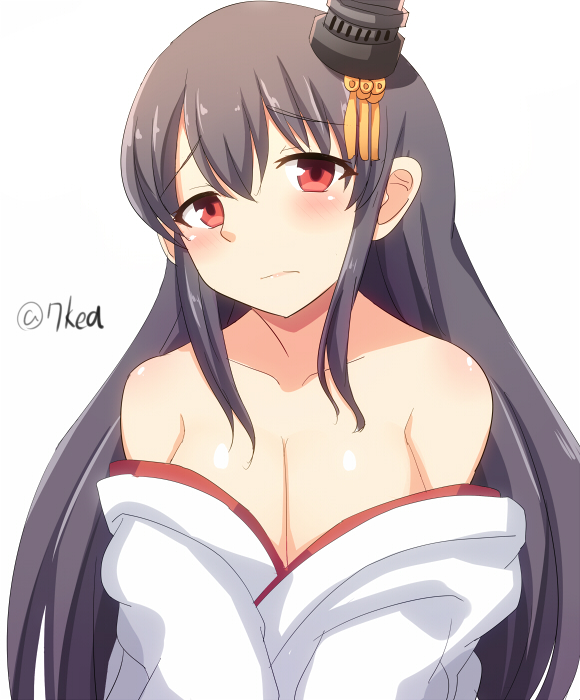 1girl bare_shoulders black_hair breasts detached_sleeves epaulettes fusou_(kantai_collection) hair_ornament homewrecker japanese_clothes kantai_collection large_breasts long_hair looking_at_viewer miko nontraditional_miko off_shoulder red_eyes