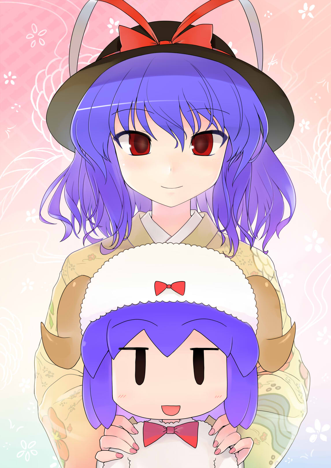 2015 2girls :d animal_costume blue_hair bowtie chibi dual_persona ebizome female hands_on_another's_shoulders hat hat_ribbon height_difference highres horns japanese_clothes kimono multiple_girls nagae_iku nail_polish new_year open_mouth red_eyes ribbon sheep_costume sheep_horns smile touhou |_|