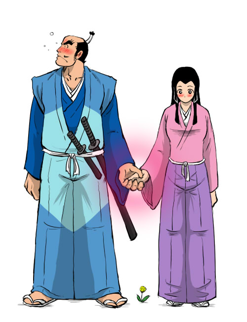 1boy 1girl black_hair blush chonmage crayon_shin-chan crayon_shin-chan_(movie) holding_hands ijiri_matabee_yoshitoshi japanese_clothes kasuga_ren katana long_hair medaman77 samurai sword topknot weapon