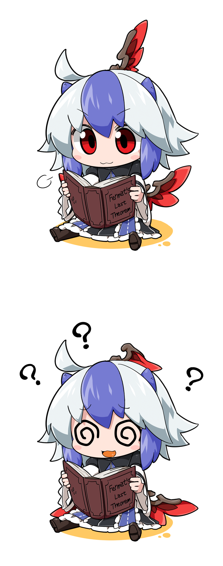 1girl ? @_@ ahoge blue_hair book byourou chibi confused head_wings highres horns multicolored_hair open_mouth reading red_eyes short_hair silver_hair smile solo tokiko_(touhou) touhou two-tone_hair wings