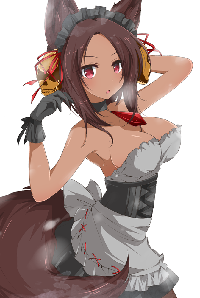 animal_ears apron bare_shoulders breasts brown_hair cleavage dress gloves hair_ornament long_hair looking_at_viewer original personification red_eyes syno tail