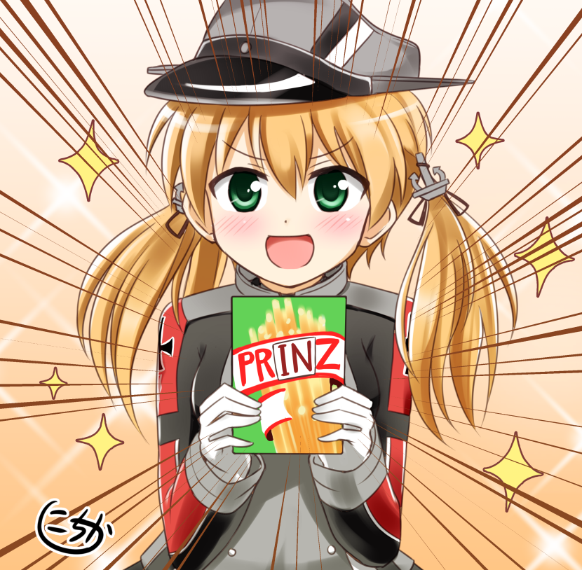 &gt;:d 1girl :d anchor_hair_ornament blonde_hair blush brand_name_imitation doya-gao funichika gloves green_eyes hat holding kantai_collection long_hair looking_at_viewer open_mouth peaked_cap pretz prinz_eugen_(kantai_collection) smile solo sparkle twintails white_gloves