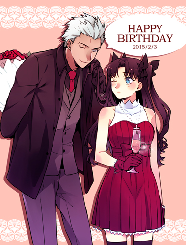 1boy 1girl alternate_costume archer blue_eyes brown_hair dress fate/stay_night fate_(series) gloves happy_birthday lowres one_eye_closed suga_(suga_suga) thigh-highs toosaka_rin two_side_up white_hair