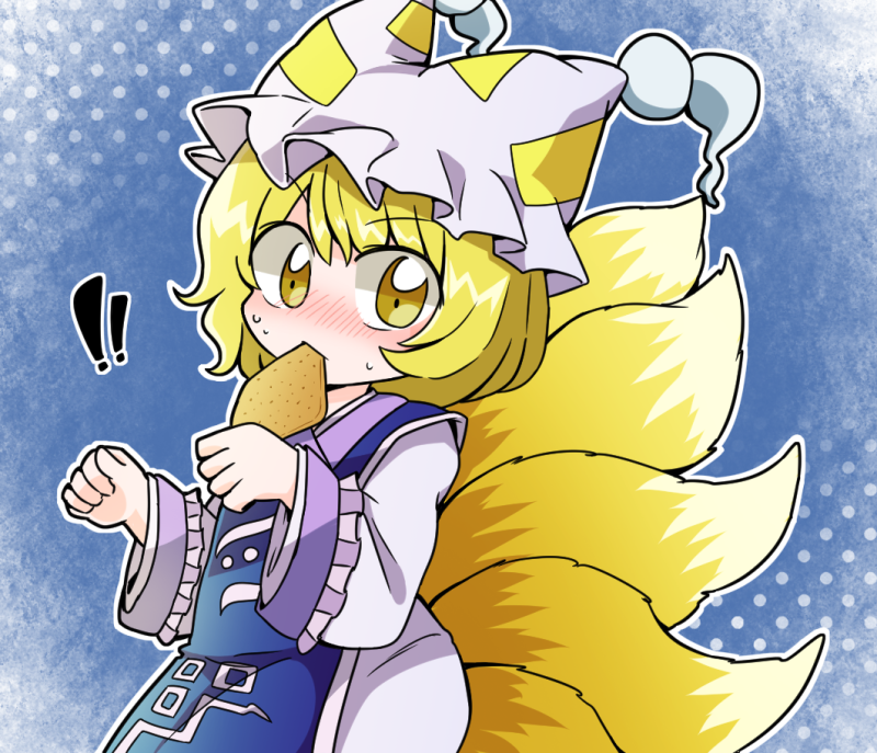 !! 1girl aburaage arms_up blonde_hair blue_background blush chibi clenched_hands commentary_request dress eyebrows_visible_through_hair food food_in_mouth fox_tail gradient gradient_background hair_between_eyes hat hat_with_ears katanagi1129 long_sleeves looking_at_viewer multiple_tails ofuda polka_dot polka_dot_background short_hair solo surprised sweat tabard tail tassel touhou upper_body white_dress yakumo_ran yellow_eyes