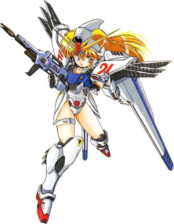 beam_rifle blonde_hair blue_eyes f91_(mobile_suit) gundam gundam_f91 mecha mecha_musume mobile_suit rifle weapon