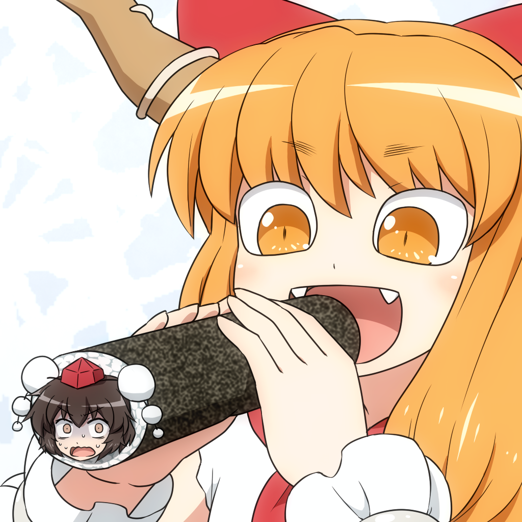 2girls blonde_hair bow brown_eyes brown_hair fangs giantess hair_bow hat hat_ribbon ibuki_suika makizushi multiple_girls oni_horns open_mouth pom_pom_(clothes) ribbon setsubun shameimaru_aya shirosato shocked_eyes smile sushi sweat tokin_hat touhou yellow_eyes