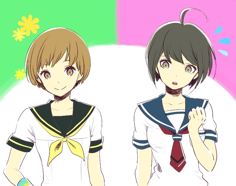 2girls ahoge bangs brown_eyes brown_hair crossover dangan_ronpa hand_on_hip multiple_girls naegi_komaru open_mouth persona persona_4 popela satonaka_chie school_uniform serafuku short_hair smile swept_bangs zettai_zetsubou_shoujo