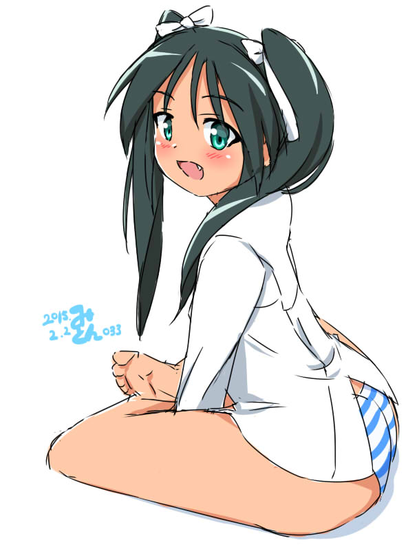 1girl :d blush fang francesca_lucchini green_eyes green_hair indian_style looking_at_viewer mikomu open_mouth panties sitting smile solo strike_witches striped striped_panties twintails underwear