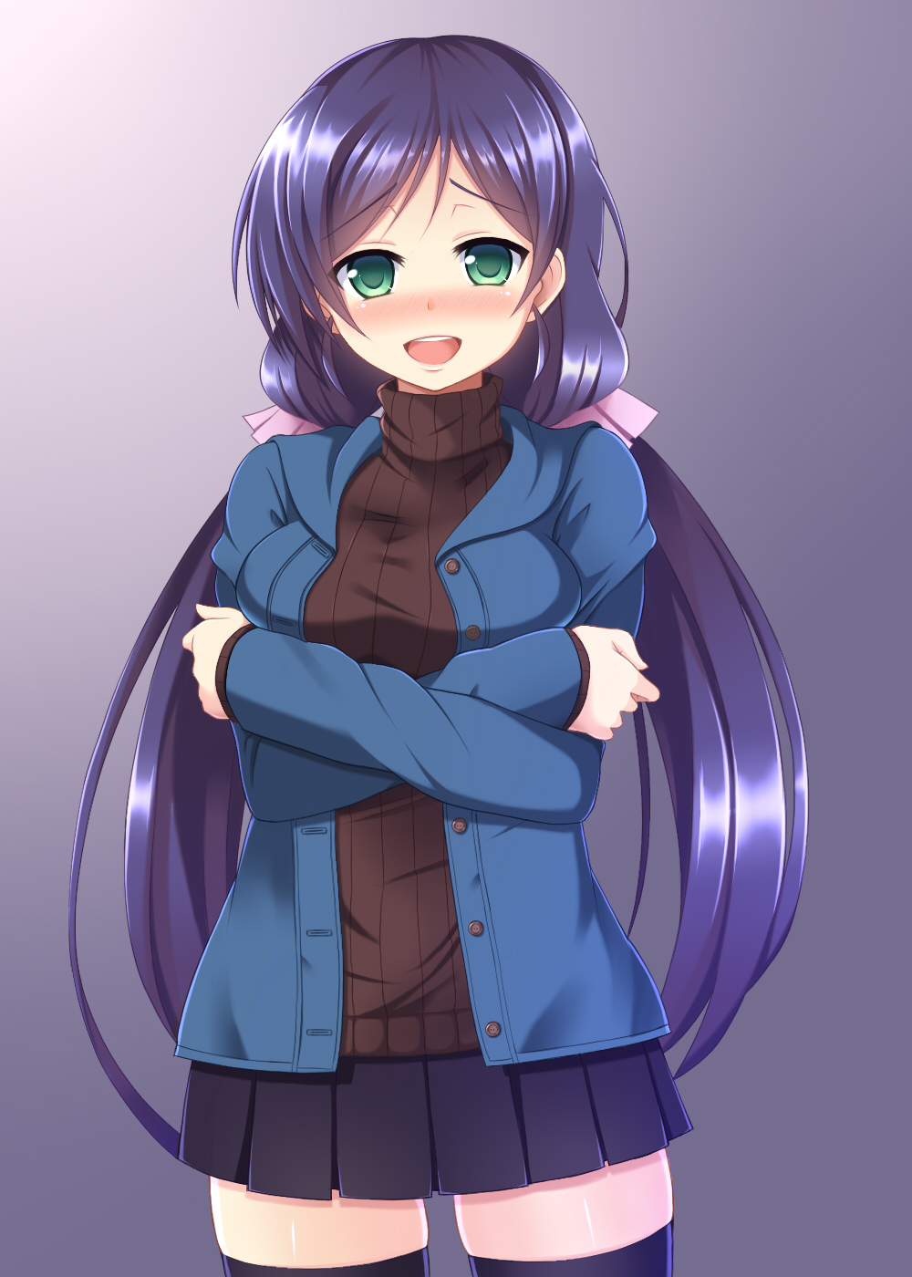 1girl artist_request blush breasts casual green_eyes highres long_hair looking_at_viewer love_live!_school_idol_project open_mouth purple_hair ribbed_sweater skirt smile solo sweater thigh-highs toujou_nozomi twintails