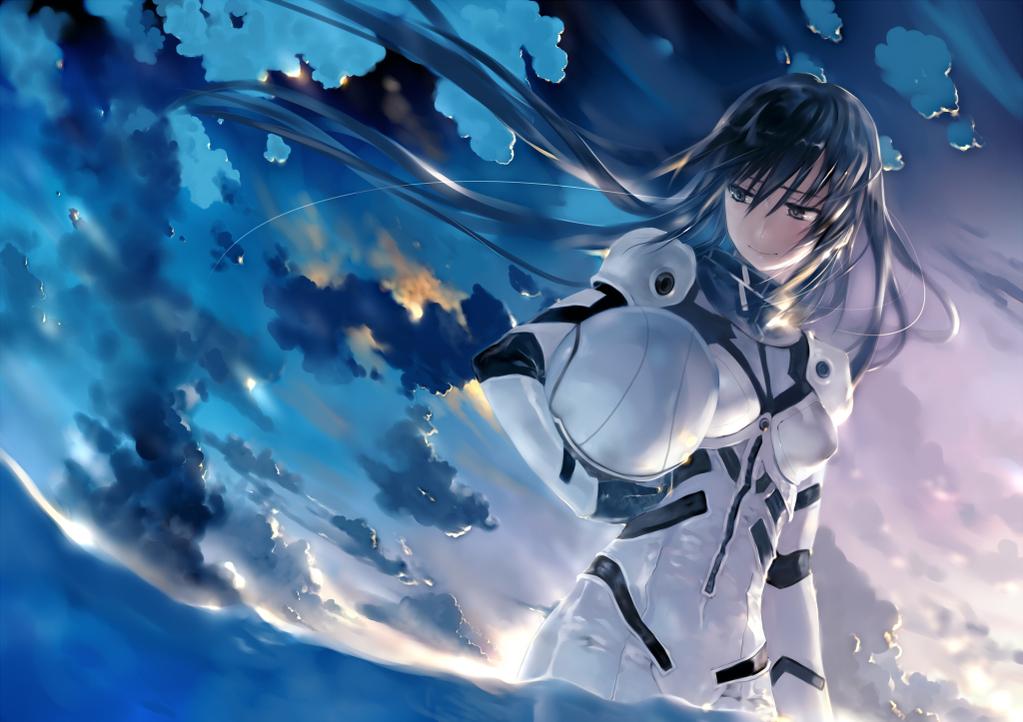 black_hair bob_(biyonbiyon) brown_eyes character_request headwear_removed helmet helmet_removed partially_submerged pilot_suit sky water