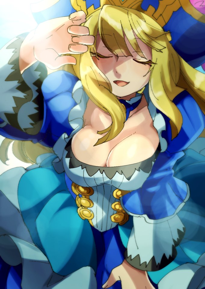 1girl awilda_(p&amp;d) blonde_hair blue_dress breasts cleavage closed_eyes collarbone dress feathers frills hat hat_feather long_hair long_sleeves open_mouth pirate_hat puffy_long_sleeves puffy_sleeves puzzle_&amp;_dragons smile solo yamanashi_taiki