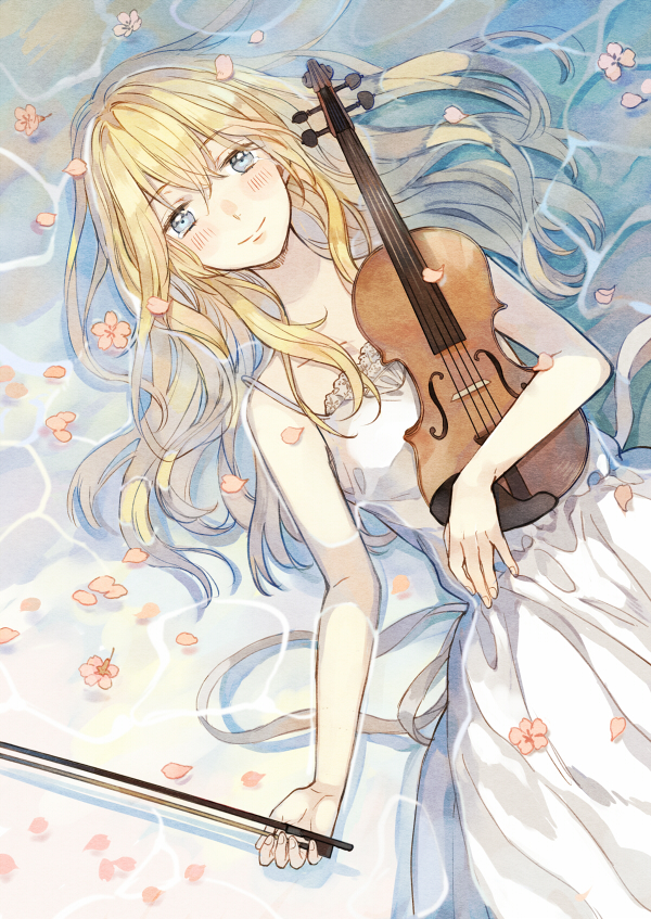 1girl blonde_hair blue_eyes dress flower instrument long_hair lying miyazono_kawori petals seuga shigatsu_wa_kimi_no_uso smile solo violin water