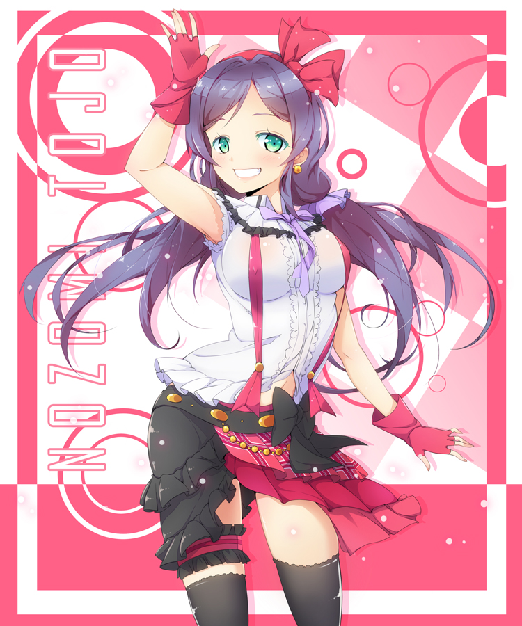 1girl blush breasts fingerless_gloves gloves green_eyes long_hair looking_at_viewer love_live!_school_idol_project purple_hair ripe.c smile solo thigh-highs toujou_nozomi twintails