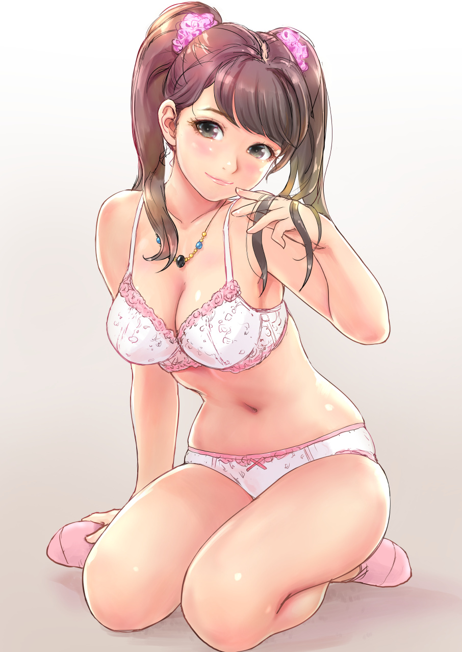 1girl blush bra breasts brown_eyes brown_hair carina_(xiaowoo) cleavage hand_in_hair highres jewelry light_smile lingerie lips long_hair looking_at_viewer navel necklace original panties revision simple_background sitting smile solo stomach twintails underwear underwear_only wariza