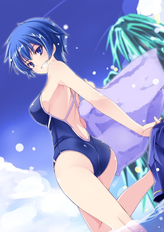 1girl ass bare_shoulders blue_eyes blue_hair blue_sky breasts from_below grin leg_up mutou_kurihito nontraditional_school_swimsuit school_swimsuit short_hair sideboob sky smile solo swimsuit tokyo_7th_sisters undressing wading