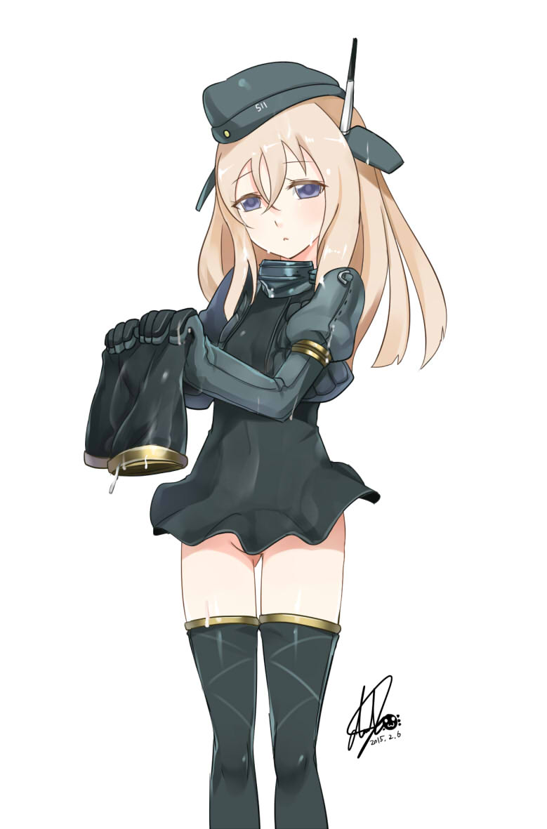 1girl black_legwear blonde_hair blue_eyes darkmaya dated elbow_gloves garrison_cap gloves hair_ornament hat kantai_collection long_hair looking_at_viewer military military_uniform no_panties pants_removed puffy_sleeves signature simple_background solo thigh-highs u-511_(kantai_collection) uniform wet wet_clothes white_background