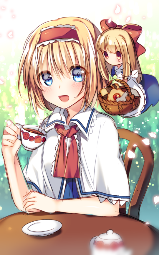1girl alice_margatroid apron basket black_tea blue_dress blue_eyes blush bow capelet chair checkerboard_cookie cookie cup dress flying_sweatdrops food hair_bow hairband maid_apron morinaga_kobato open_mouth petals plate red_eyes shanghai_doll sitting smile table tea teacup teapot touhou