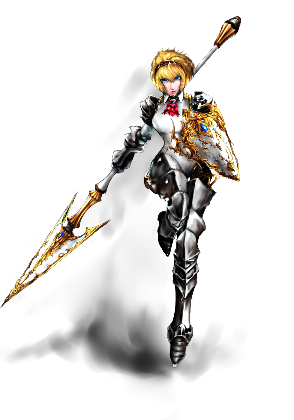 1girl aegis aegis_(persona) android blonde_hair blue_eyes bow final_fantasy final_fantasy_xiv highres leg_armor persona polearm ribbon robot_joints shield short_hair solo weapon yuu_(primenumber7)