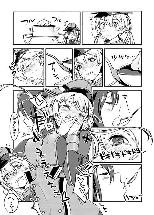 1girl drooling eating kantai_collection nonco prinz_eugen_(kantai_collection) pudding source_request translation_request