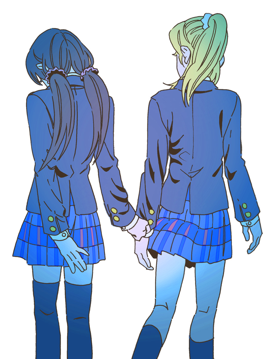 2girls ayase_eli back black_hair black_legwear blazer blonde_hair clothes_grab clothes_pull fio88 from_behind high_ponytail highres kneehighs long_hair long_sleeves love_live!_school_idol_project low_twintails miniskirt multiple_girls plaid plaid_skirt school_uniform shy skirt thigh-highs toujou_nozomi twintails white_background zettai_ryouiki