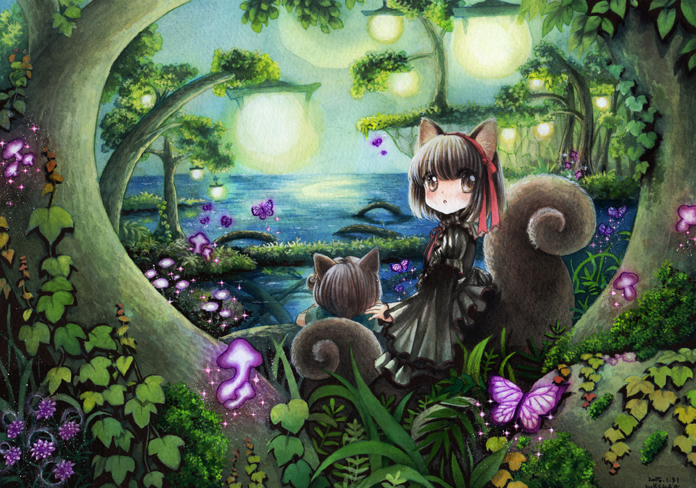 2girls :o animal_ears artist_name black_dress black_hair blush brown_eyes butterfly child cliff dated dress fantasy flower frilled_dress frills hair_ribbon hand_on_shoulder horizon lantern light_particles looking_at_viewer looking_back mosho multiple_girls mushroom nature neck_ribbon ocean original ribbon scenery short_hair signature sky squirrel_ears squirrel_tail tail traditional_media tree water watercolor_(medium)