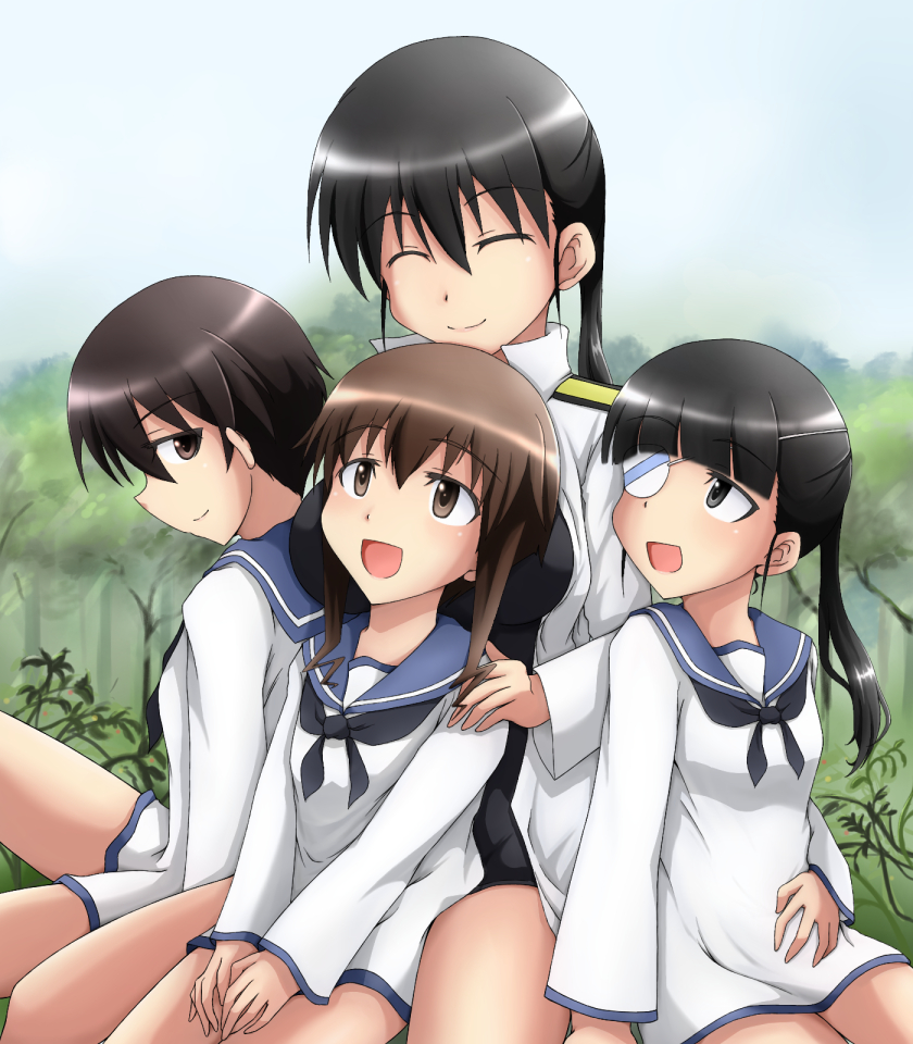 4girls black_eyes black_hair brown_eyes brown_hair closed_eyes eyepatch field grass hand_on_shoulder isosceles_triangle_(xyzxyzxyz) kitagou_fumika long_hair looking_at_another multiple_girls ponytail sakamoto_mio short_hair sitting sitting_on_lap sitting_on_person sky smile strike_witches swimsuit swimsuit_under_clothes takei_junko uniform wakamoto_tetsuko younger