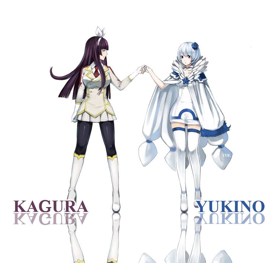 2girls breasts character_name coat fairy_tail flower gloves hair_flower hair_ornament holding_hands kagura_mikazuchi long_hair multiple_girls necktie pantyhose purple_hair short_hair silver_hair skirt thigh-highs white_legwear yue_(pixiv4635680) yukino_aguria zettai_ryouiki