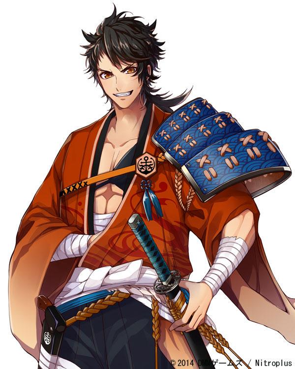 1boy artist_request bandages brown_hair company_name dated grin japanese_clothes jpeg_artifacts katana long_hair looking_at_viewer male_focus muscle mutsu-no-kami_yoshiyuki official_art orange_eyes seigaiha simple_background smile sode solo sword touken_ranbu weapon white_background